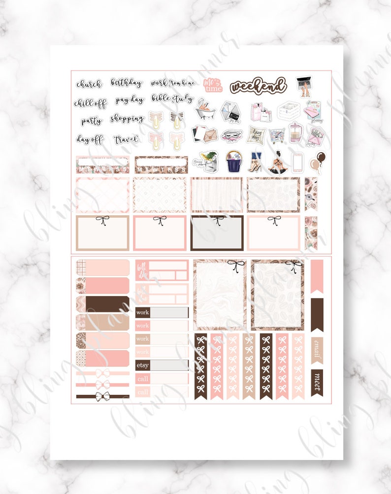 May include: A set of printable planner stickers with a pink and brown color scheme. The stickers feature various text labels, including "church", "birthday", "work from home", "chill off", "pay day", "bible study", "party", "shopping", "day off", "travel", "me time", "weekend", "bill", "work", "etsy", "call", "email", and "meet".