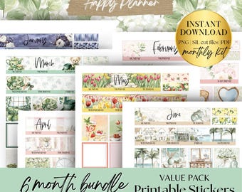 May include: A collection of printable planner stickers featuring floral and seasonal designs. The stickers include monthly kits for January, February, March, April, May, and June. The design includes the text "Happy Planner" and "6 month bundle".