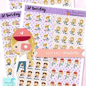 May include: A set of printable planner stickers featuring a cartoon girl with blonde hair and a red hat. The stickers include various phrases like "$2 Tuesday", "Sweet Dream", "Check Etsy", "Tea Time", "Shopping", and "Travel". The stickers are designed on a purple background with gold glitter accents.