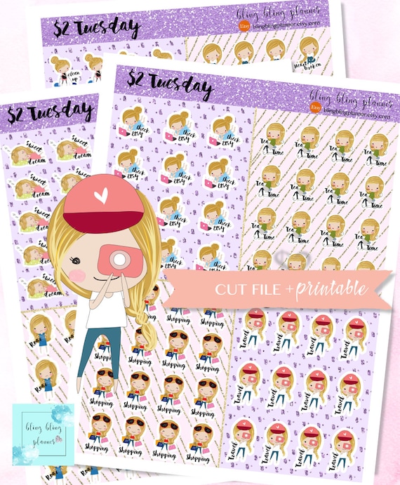 Cute girl planner sticker, printable clipart, blonde gal, kawaii girl sticker, girl activities sticker, planner clipart, happy planner, sale