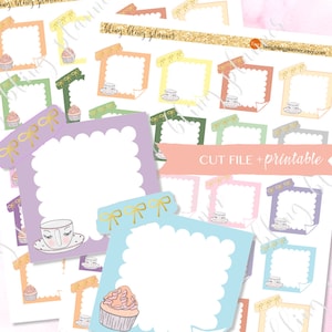 Puede incluir: Un conjunto de pegatinas imprimibles para planificadores con una taza de té, una magdalena y lazos. Las pegatinas son de varios colores pastel y tienen un borde festoneado. El texto "CUT FILE + printable" es visible en la imagen.