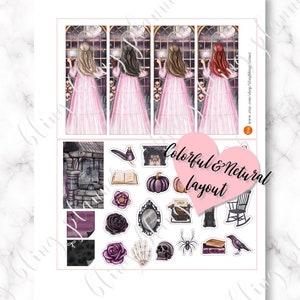 May include: A set of printable stickers featuring a variety of spooky and whimsical designs. The stickers include a fireplace, a book, a pumpkin, a typewriter, a skull, a spider, a crow, a rose, and a skeleton hand. The text "Colorful & Neutral Layout" is written in a pink heart shape.