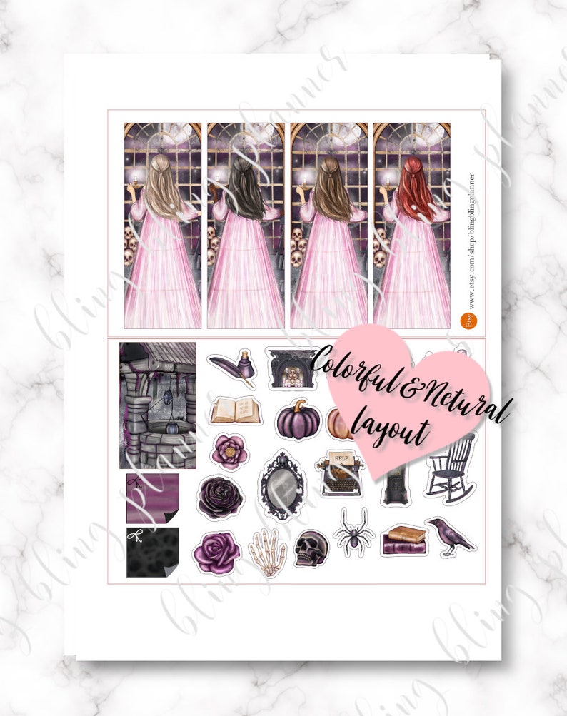 May include: A set of printable stickers featuring a variety of spooky and whimsical designs. The stickers include a fireplace, a book, a pumpkin, a typewriter, a skull, a spider, a crow, a rose, and a skeleton hand. The text "Colorful & Neutral Layout" is written in a pink heart shape.