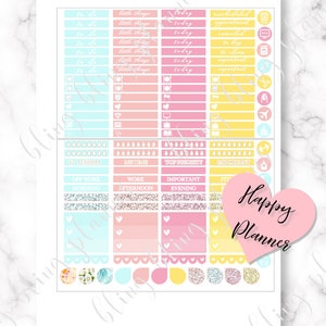 May include: A set of colourful planner stickers with a pink heart that says "Happy Planner". The stickers include various designs, such as to-do lists, time blocks, and motivational quotes.