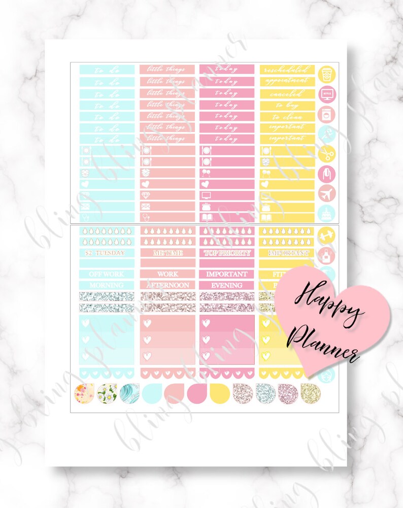 May include: A set of colourful planner stickers with a pink heart that says "Happy Planner". The stickers include various designs, such as to-do lists, time blocks, and motivational quotes.