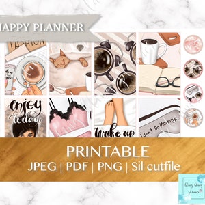 May include: Printable planner stickers with a coffee theme. The stickers feature illustrations of coffee cups, a cat sleeping, a woman's legs, and a woman's face with the text "enjoy today". The stickers are in a pink and brown color scheme.