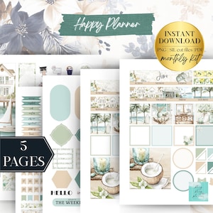 May include: A set of planner pages with a coastal theme. The pages feature decorative elements, stickers, and calendar layouts. The words "Happy Planner", "Instant Download", and "monthly kit" are visible. The colour palette includes shades of blue, green, and beige.