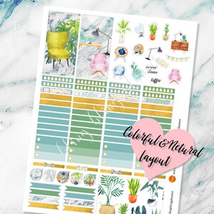 May include: A set of colorful planner stickers featuring a green, blue, and white color scheme. The stickers include various designs, such as plants, chairs, and text boxes. The text on the stickers includes "Sweet Home Coffee", "Top Priority", "Important", and "Me Time".