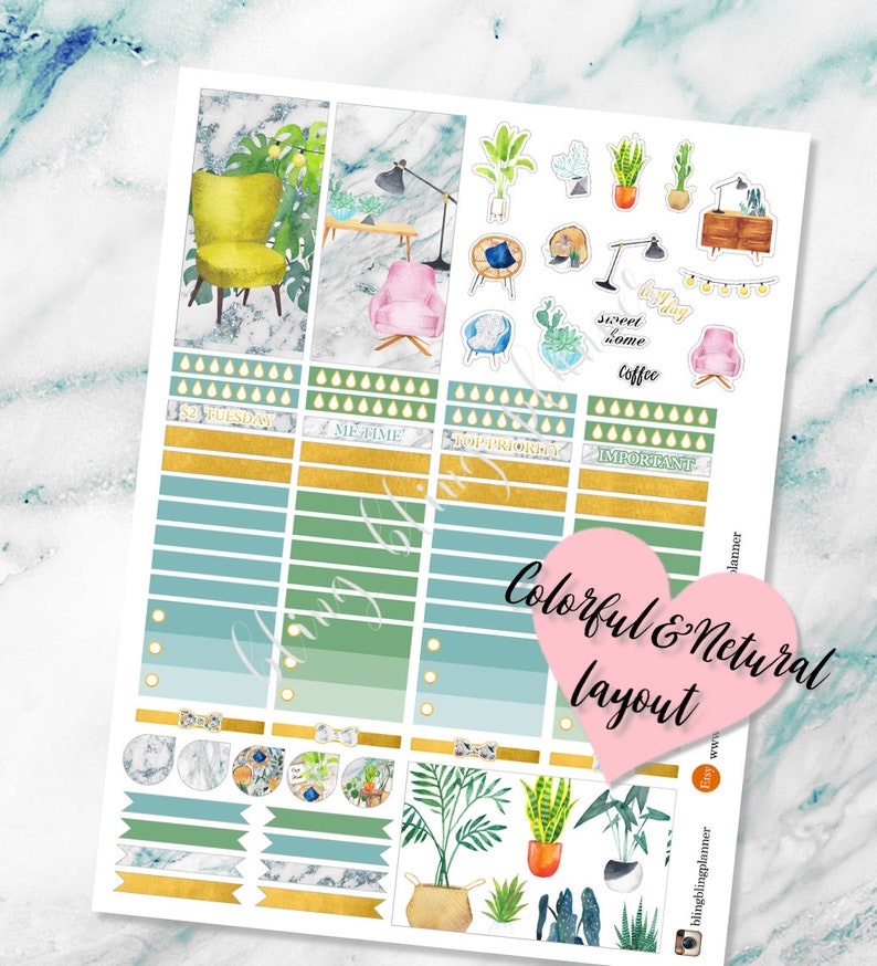 May include: A set of colorful planner stickers featuring a green, blue, and white color scheme. The stickers include various designs, such as plants, chairs, and text boxes. The text on the stickers includes "Sweet Home Coffee", "Top Priority", "Important", and "Me Time".