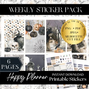 Puede incluir: Un paquete de pegatinas semanales con temática de Halloween. El paquete incluye seis páginas de pegatinas imprimibles con ilustraciones de calabazas, calaveras y una escena de cementerio. El texto incluye "Weekly Sticker Pack", "Happy Planner" y "Printable Stickers".