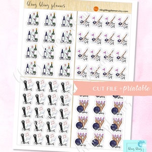 May include: A sheet of stickers with various designs, including a bar crawl, mini golf, concert, and bowling. The stickers are white with black outlines and colorful illustrations. The text "CUT FILE + printable" is at the top of the sheet.