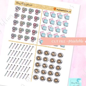 May include: A sheet of printable planner stickers featuring various designs, including washi tape rolls, sticky notes, pens, and coffee cups. The stickers are in a variety of colors, including pink, blue, green, and brown.