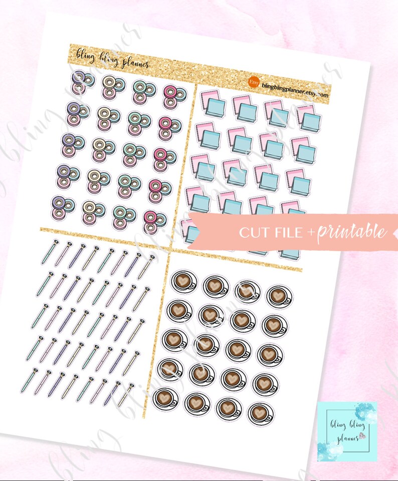 May include: A sheet of printable planner stickers featuring various designs, including washi tape rolls, sticky notes, pens, and coffee cups. The stickers are in a variety of colors, including pink, blue, green, and brown.