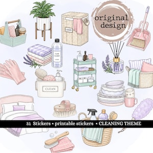 May include: A collection of 31 digital stickers featuring household cleaning items, including a laundry basket, cleaning cart, floor cleaner, sponges, brushes, gloves, a bed, and stacks of plates, with the text original design and 31 Stickers printable stickers CLEANING THEME.