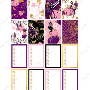 Peut inclure: Une page de planificateur imprimable sur le th&egrave;me d'Halloween. La page comporte huit sections avec diff&eacute;rents motifs repr&eacute;sentant des citrouilles, des cr&acirc;nes, des sorci&egrave;res et des chats. Chaque section a un espace vide pour &eacute;crire avec une bordure de c&oelig;ur dor&eacute;e.