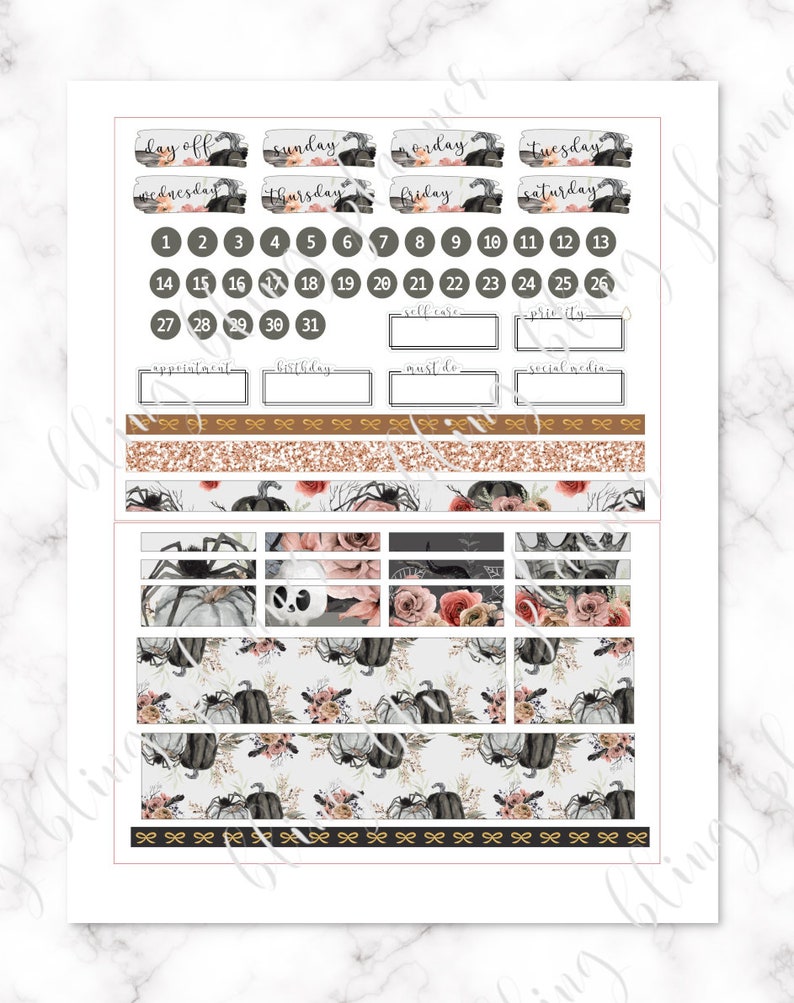 May include: A set of Halloween themed planner stickers featuring pumpkins, spiders, and floral designs. The stickers include a calendar, days of the week, and various boxes for writing.