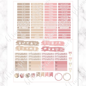May include: A set of planner stickers with a pink and brown color scheme. The stickers include various shapes and sizes, such as boxes, circles, and banners. The stickers feature text such as "to do", "little things", "today", "rescheduled", "appointment", "canceled", "to buy", "to clean", "important", "$2 Tuesday", "Me Time", "Top Priority", "Important", "Off Work", "Work", "Morning", "Afternoon", "Important", "Meeting", "Fitness", "Beauty", and more. The stickers are perfect for adding a touch of personality to your planner.