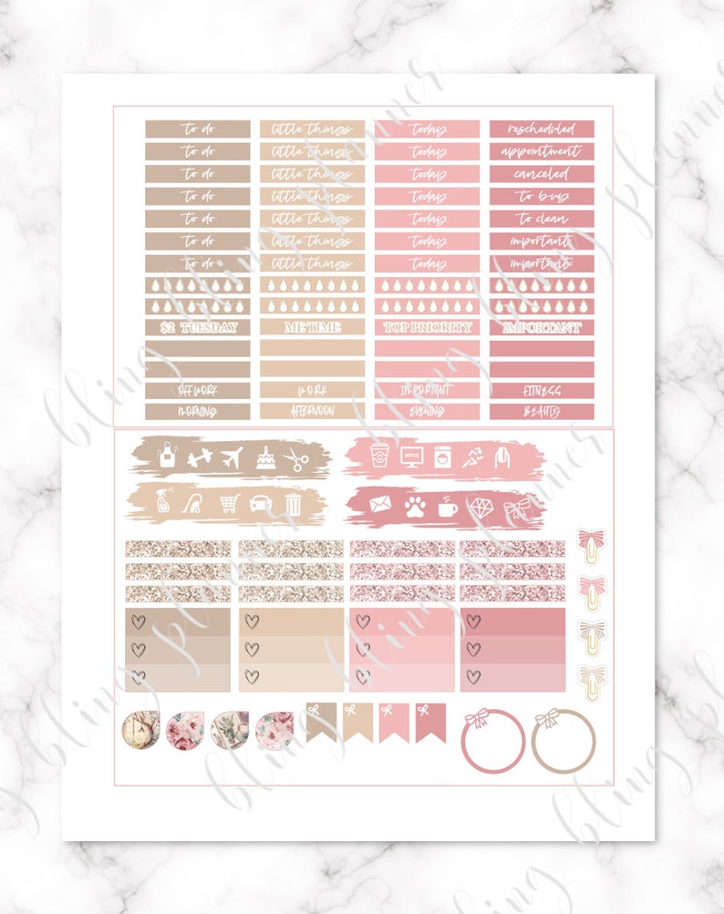 May include: A set of planner stickers with a pink and brown color scheme. The stickers include various shapes and sizes, such as boxes, circles, and banners. The stickers feature text such as "to do", "little things", "today", "rescheduled", "appointment", "canceled", "to buy", "to clean", "important", "$2 Tuesday", "Me Time", "Top Priority", "Important", "Off Work", "Work", "Morning", "Afternoon", "Important", "Meeting", "Fitness", "Beauty", and more. The stickers are perfect for adding a touch of personality to your planner.