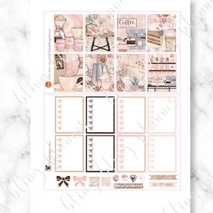 May include: A set of 12 planner stickers featuring a coffee shop theme. The stickers are in shades of pink, brown, and white. The stickers include images of coffee cups, coffee beans, coffee pots, and coffee shop signs. The stickers also include text such as "Coffee", "Tea", and "Today is the Day".