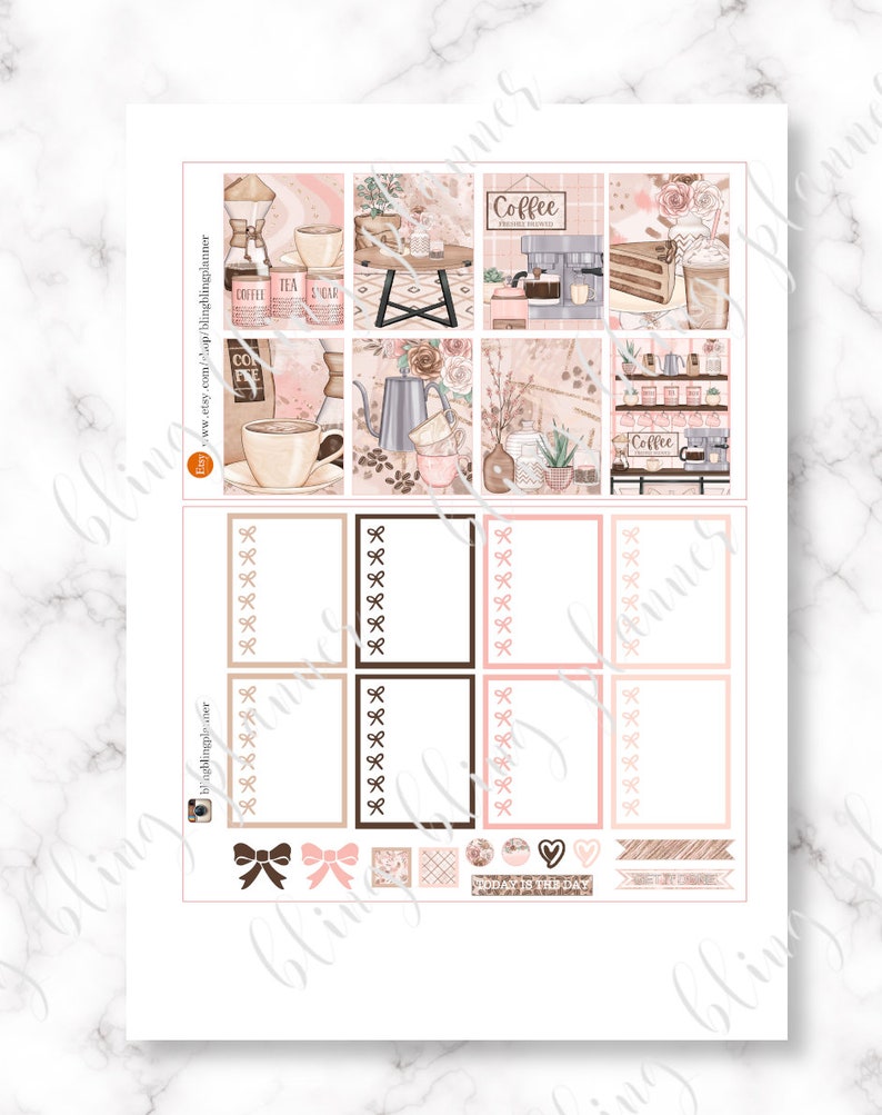 May include: A set of 12 planner stickers featuring a coffee shop theme. The stickers are in shades of pink, brown, and white. The stickers include images of coffee cups, coffee beans, coffee pots, and coffee shop signs. The stickers also include text such as "Coffee", "Tea", and "Today is the Day".