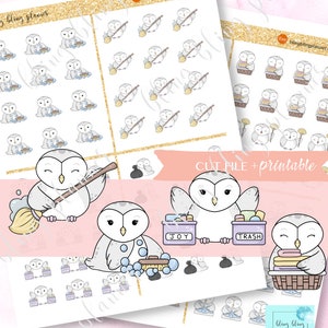 May include: A set of printable planner stickers featuring cute cartoon owls with various cleaning tasks, including sweeping, washing dishes, and folding laundry. The stickers are designed in a whimsical style with pastel colors and include the text "CUT FILE + printable".