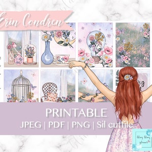 May include: Printable planner stickers featuring a floral theme with a woman in a floral dress, a birdcage, and a teacup. The text "PRINTABLE" is in large letters at the bottom of the image.
