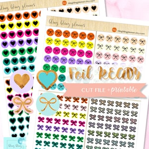 FOIL READY Printable Stickers, Bow printable stickers, foil heart planner stickers, printable planner stickers, for Erin Condren, TN planner