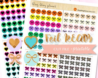 FOIL READY Printable Stickers, Bow printable stickers, foil heart planner stickers, printable planner stickers, for Erin Condren, TN planner