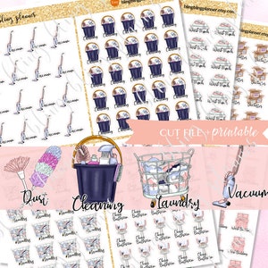 May include: A set of printable stickers for a planner or journal. The stickers feature illustrations of cleaning supplies, laundry, and a vacuum cleaner. The stickers are in a variety of colors, including pink, blue, and green. The text on the stickers includes "Dust", "Cleaning", "Laundry", "Vacuum", "Clean Bathroom", "Wash Towels", and "Water Plants".