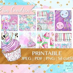 May include: Printable digital paper pack with a whimsical theme. The pack includes 8 different designs featuring cupcakes, lollipops, watermelons, and candy. The designs are in pink, blue, and purple with gold glitter accents. The text "Erin Condren" and "Printable JPEG | PDF | PNG | Sil cutfile" is included in the image.