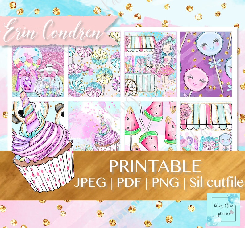 May include: Printable digital paper pack with a whimsical theme. The pack includes 8 different designs featuring cupcakes, lollipops, watermelons, and candy. The designs are in pink, blue, and purple with gold glitter accents. The text "Erin Condren" and "Printable JPEG | PDF | PNG | Sil cutfile" is included in the image.