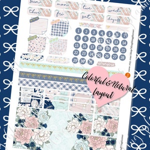 May include: A set of printable planner stickers with a floral and blue color scheme. The stickers include daily boxes, a calendar, and a variety of decorative elements. The text "Colorful & Neutral Layout" is included in the image.