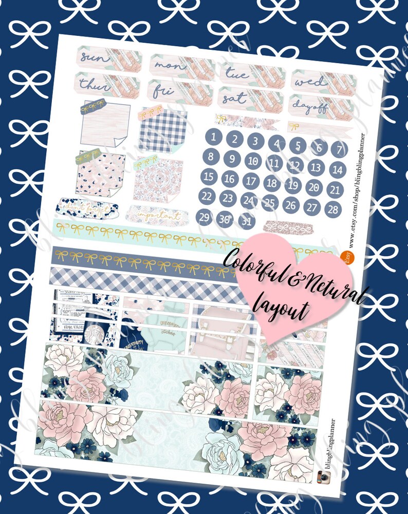 May include: A set of printable planner stickers with a floral and blue color scheme. The stickers include daily boxes, a calendar, and a variety of decorative elements. The text "Colorful & Neutral Layout" is included in the image.