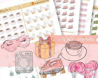 DAILY PRINTABLE PLANNER Stickers, Printable daily chores Stickers, printable eye mask stickers, coffee stickers, shopping sticker, iron deco