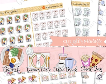 PRINTABLE PLANNER ICON Stickers, Printable food planner sticker, brunch stickers, dining stickers, bakery stickers, take out sticker, coffee