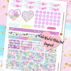 May include: A set of colorful planner stickers featuring a variety of designs, including hearts, candy, pandas, and a unicorn cupcake. The stickers are perfect for adding a touch of whimsy to your planner or journal. The stickers are also great for decorating gifts, cards, and other crafts.