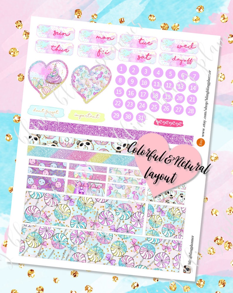 May include: A set of colorful planner stickers featuring a variety of designs, including hearts, candy, pandas, and a unicorn cupcake. The stickers are perfect for adding a touch of whimsy to your planner or journal. The stickers are also great for decorating gifts, cards, and other crafts.