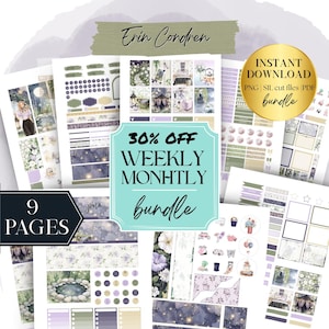 May include: A bundle of printable planner pages with a watercolor theme. The pages feature floral and celestial designs in shades of purple, green, and blue. Text includes "Erin Condren", "30% OFF", "Weekly Monthly Bundle", and "Instant Download".