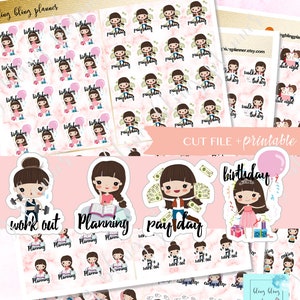 May include: A set of printable planner stickers featuring a cartoon girl in various poses and activities. The stickers include phrases like "work out", "planning", "payday", "birthday", "chill", and "early sleep".