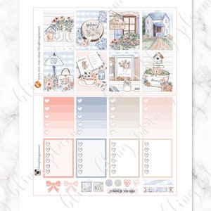 May include: A set of 12 printable planner stickers featuring a farmhouse theme with floral accents. The stickers include images of a house, a porch swing, a birdhouse, a lamp, a book, a cup of tea, and a floral arrangement. The stickers also include a variety of text boxes and hearts. The stickers are perfect for adding a touch of farmhouse charm to your planner.
