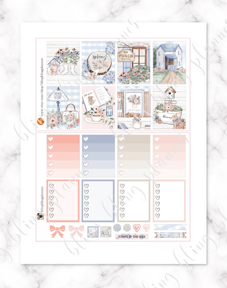 May include: A set of 12 printable planner stickers featuring a farmhouse theme with floral accents. The stickers include images of a house, a porch swing, a birdhouse, a lamp, a book, a cup of tea, and a floral arrangement. The stickers also include a variety of text boxes and hearts. The stickers are perfect for adding a touch of farmhouse charm to your planner.
