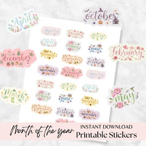 DRUCKBARE MONAT-AUFKLEBER, Monat des Jahres Planer Aufkleber, 12-monatige Element-Aufkleber in kursiver Schrift, druckbare Aufkleber für Journaling