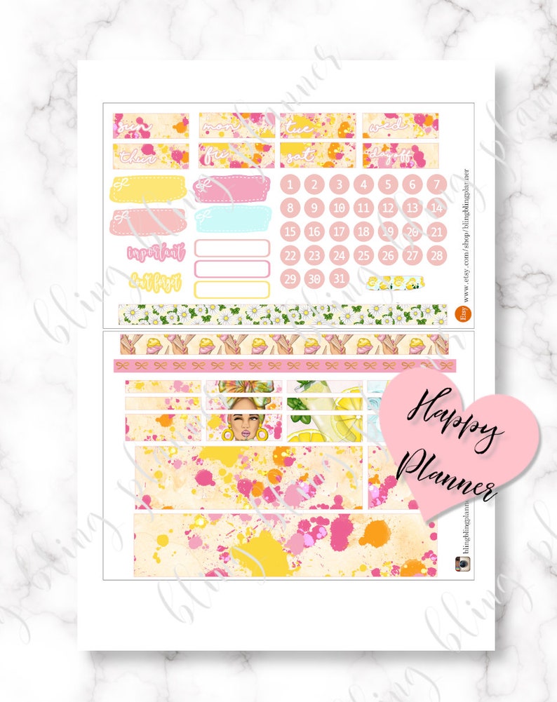 May include: A set of colourful planner stickers with a summer theme. The stickers feature a variety of designs, including lemons, flowers, and a woman with a headscarf. The stickers are perfect for adding a touch of personality to your planner.