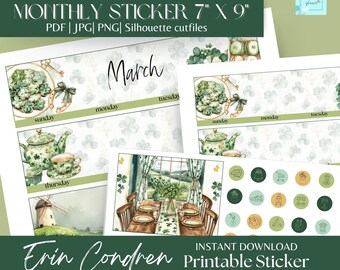 Erin Condren March St Patrick Printable Monthly view Stickers, Erin condren vertical planner sticker pack, Irish clover green sticker print
