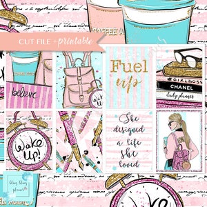 May include: A set of printable planner stickers with pink and blue backgrounds. The stickers feature images of coffee cups, backpacks, pens, alarm clocks, and a woman with a coffee cup. The text on the stickers includes "Fuel Up", "She Designed a Life She Loved", "#Girlboss", "Chanel Daily Planner", "Wake Up", and "Believe".