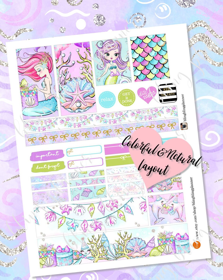 BIRTHDAY PRINTABLE planner STICKERS Mermaid planner stickers | Etsy