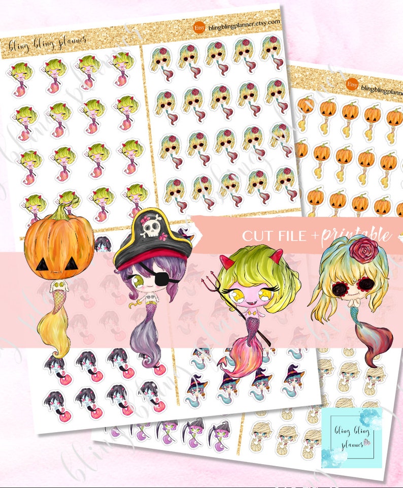 May include: A set of printable Halloween themed stickers featuring various characters including mermaids, pirates, and pumpkins. The stickers are designed in a cute cartoon style with bright colors and whimsical details.