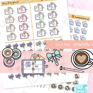 May include: A set of printable planner stickers featuring a variety of designs, including bows, washi tape, a coffee cup, a planner, and a pen. The stickers are in a variety of colors, including pink, blue, green, and yellow. The text "CUT FILE + printable" is also included in the image.