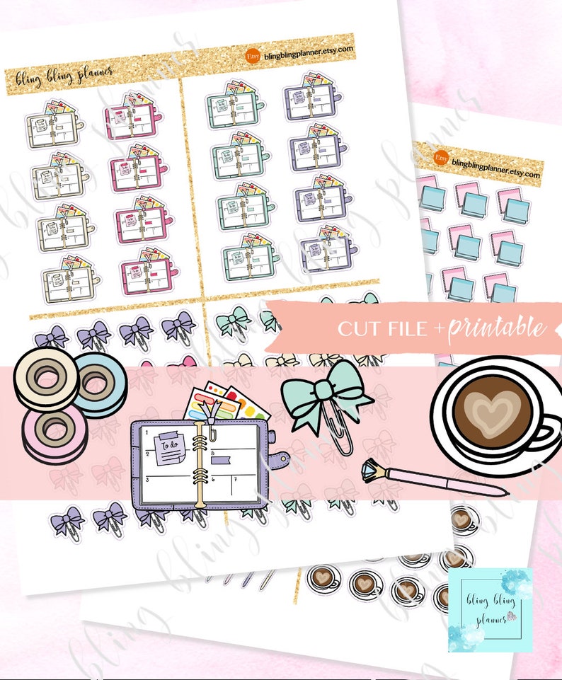 May include: A set of printable planner stickers featuring a variety of designs, including bows, washi tape, a coffee cup, a planner, and a pen. The stickers are in a variety of colors, including pink, blue, green, and yellow. The text "CUT FILE + printable" is also included in the image.