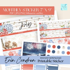 Autocollant imprimable Erin condren Monthly View, juillet 4 juillet, fête de l'indépendance USD, mois Erin Condren non 2025, autocollants fonctionnels